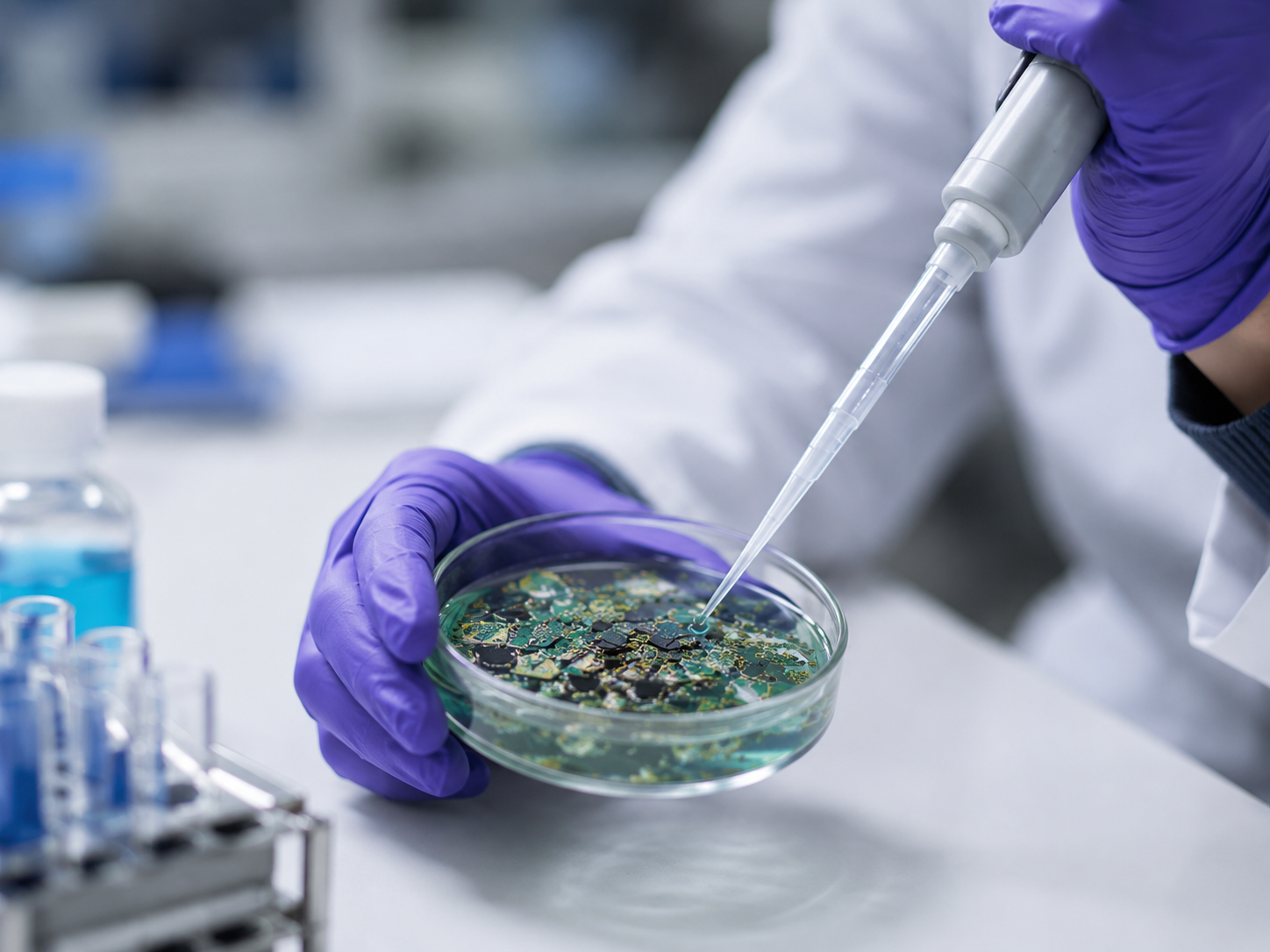 Researcher pipetting liquid onto circuit-board fragments in a laboratory dish